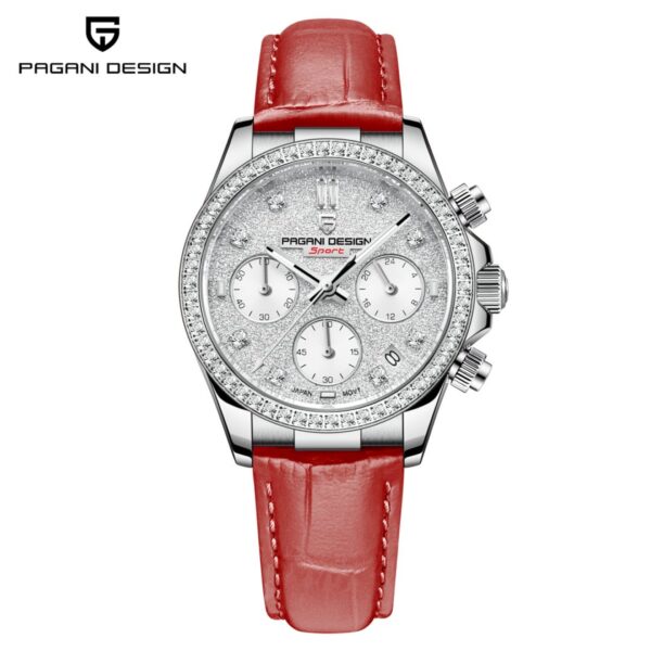 PD-1730 Red Women's 36MM 100M Waterproof Chronograph Japan VD55 Quartz Watch Fashion Diamond Face Sapphire Crystal Leather Business Watch