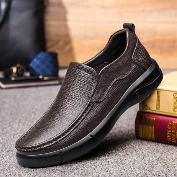 Brown men's leather loafer with cushioned sole
